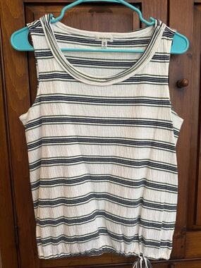 Max Studio Size XS White and Navy & Green Striped Tank with Drawstring Hem NWOT